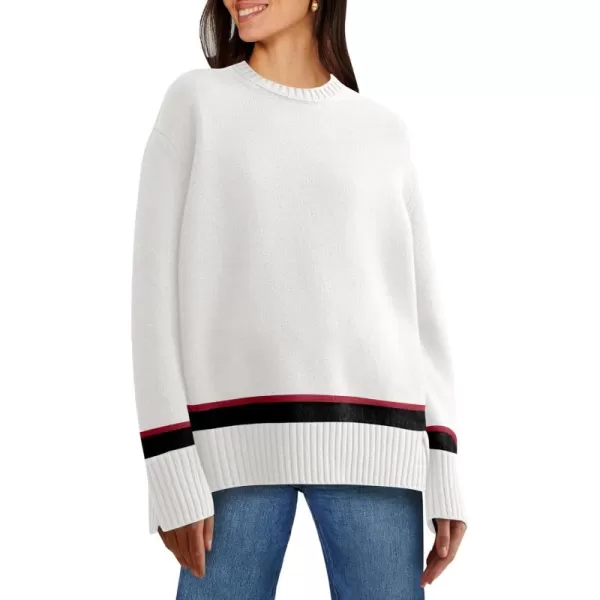 Caracilia Women's 2023 Fall Winter Striped Long Sleeve Crew Neck Ribbed Knit Side Slit Pullover Sweater Top