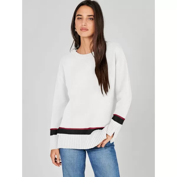 Caracilia Women's 2023 Fall Winter Striped Long Sleeve Crew Neck Ribbed Knit Side Slit Pullover Sweater Top