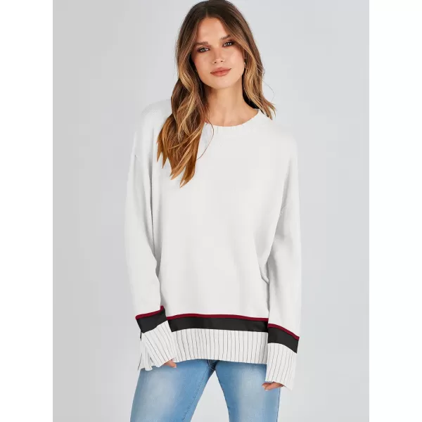 Caracilia Women's 2023 Fall Winter Striped Long Sleeve Crew Neck Ribbed Knit Side Slit Pullover Sweater Top