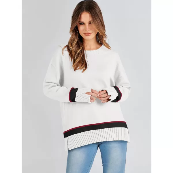 Caracilia Women's 2023 Fall Winter Striped Long Sleeve Crew Neck Ribbed Knit Side Slit Pullover Sweater Top
