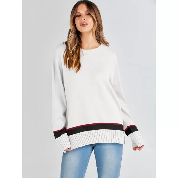 Caracilia Women's 2023 Fall Winter Striped Long Sleeve Crew Neck Ribbed Knit Side Slit Pullover Sweater Top