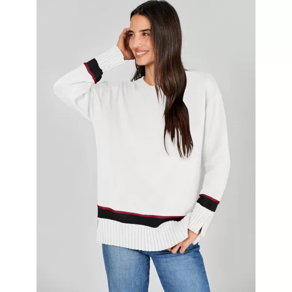 Caracilia Women's 2023 Fall Winter Striped Long Sleeve Crew Neck Ribbed Knit Side Slit Pullover Sweater Top