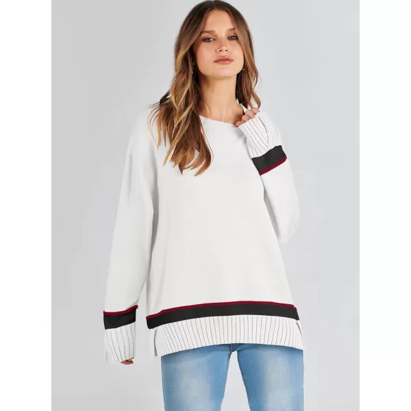Caracilia Women's 2023 Fall Winter Striped Long Sleeve Crew Neck Ribbed Knit Side Slit Pullover Sweater Top