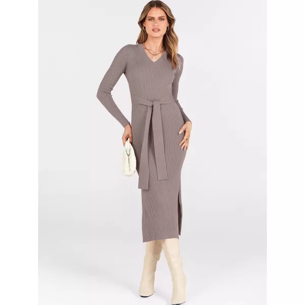 Caracilia Women's 2023 Long Sleeve Sweater Dress Elegant V Neck Slim Fit Side Slit Midi Fall Winter Dress with Belt