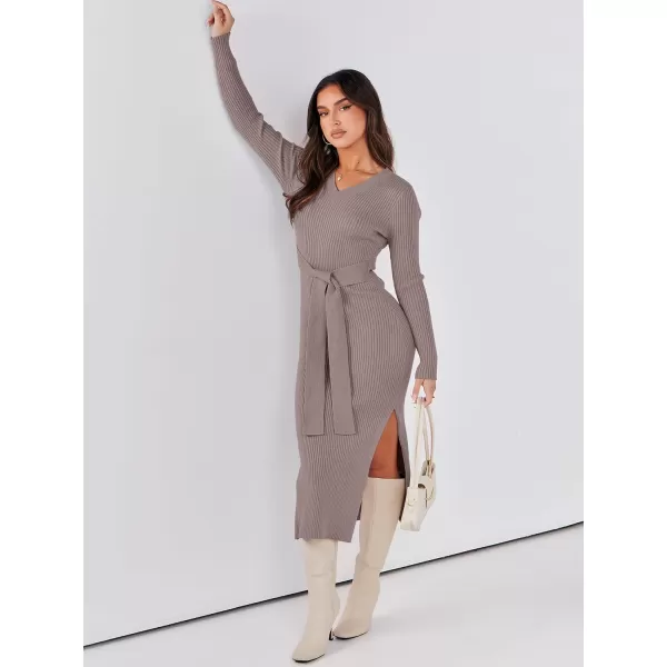 Caracilia Women's 2023 Long Sleeve Sweater Dress Elegant V Neck Slim Fit Side Slit Midi Fall Winter Dress with Belt