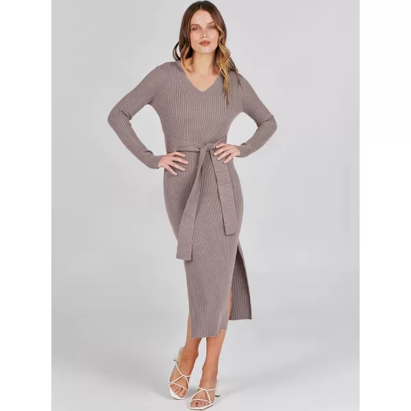 Caracilia Women's 2023 Long Sleeve Sweater Dress Elegant V Neck Slim Fit Side Slit Midi Fall Winter Dress with Belt