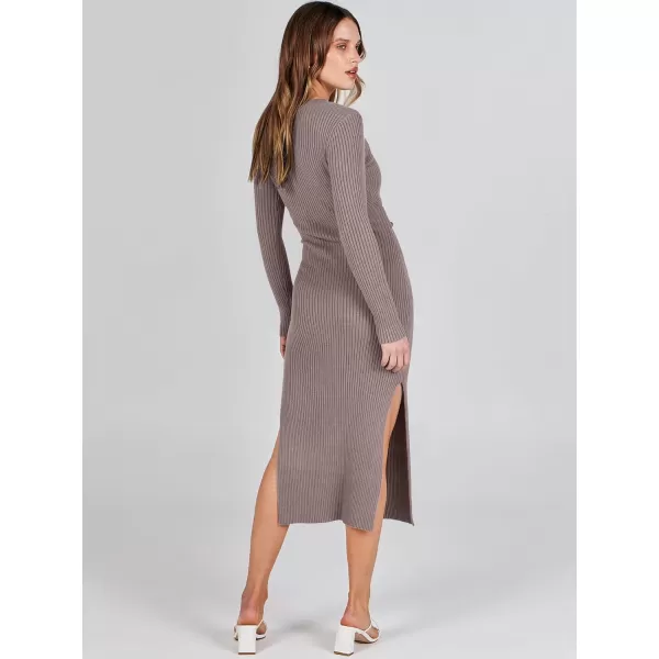 Caracilia Women's 2023 Long Sleeve Sweater Dress Elegant V Neck Slim Fit Side Slit Midi Fall Winter Dress with Belt