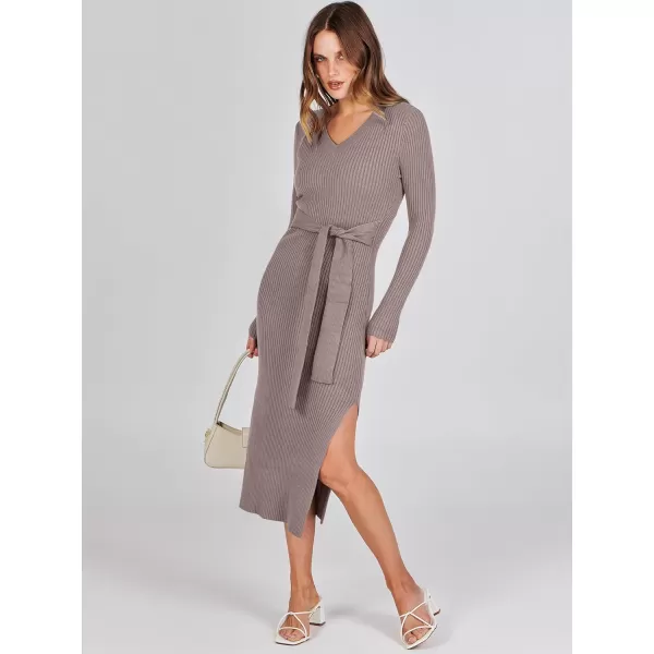 Caracilia Women's 2023 Long Sleeve Sweater Dress Elegant V Neck Slim Fit Side Slit Midi Fall Winter Dress with Belt