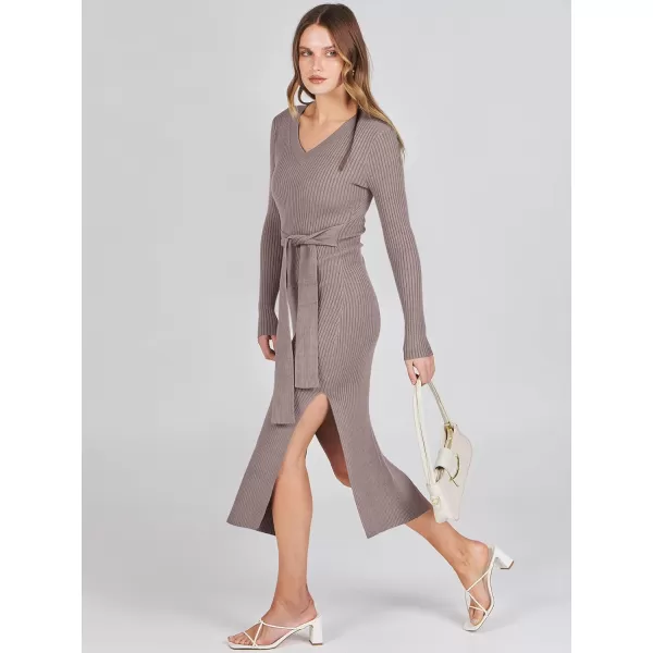 Caracilia Women's 2023 Long Sleeve Sweater Dress Elegant V Neck Slim Fit Side Slit Midi Fall Winter Dress with Belt