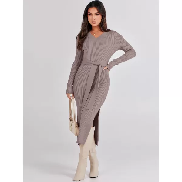 Caracilia Women's 2023 Long Sleeve Sweater Dress Elegant V Neck Slim Fit Side Slit Midi Fall Winter Dress with Belt