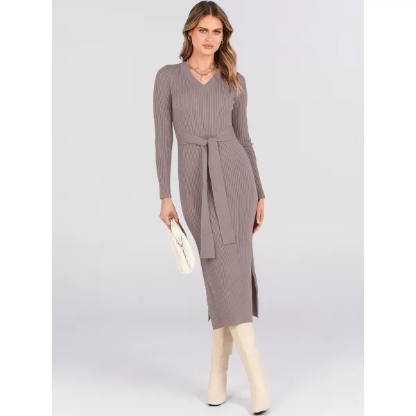 Caracilia Women's 2023 Long Sleeve Sweater Dress Elegant V Neck Slim Fit Side Slit Midi Fall Winter Dress with Belt