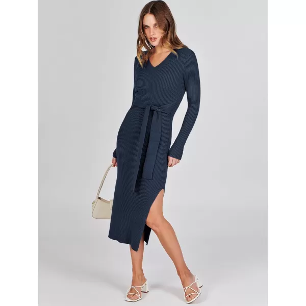 Caracilia Women's 2023 Long Sleeve Sweater Dress Elegant V Neck Slim Fit Side Slit Midi Fall Winter Dress with Belt