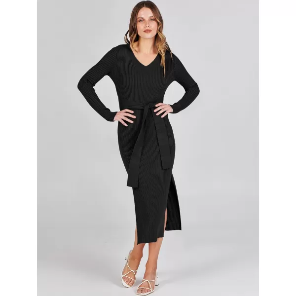 Caracilia Women's 2023 Long Sleeve Sweater Dress Elegant V Neck Slim Fit Side Slit Midi Fall Winter Dress with Belt