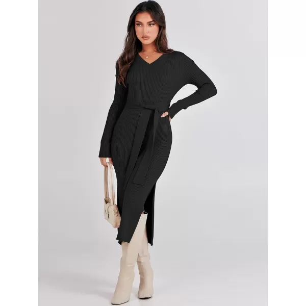 Caracilia Women's 2023 Long Sleeve Sweater Dress Elegant V Neck Slim Fit Side Slit Midi Fall Winter Dress with Belt