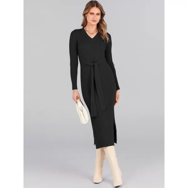 Caracilia Women's 2023 Long Sleeve Sweater Dress Elegant V Neck Slim Fit Side Slit Midi Fall Winter Dress with Belt