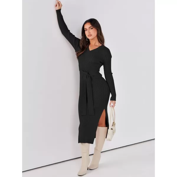 Caracilia Women's 2023 Long Sleeve Sweater Dress Elegant V Neck Slim Fit Side Slit Midi Fall Winter Dress with Belt