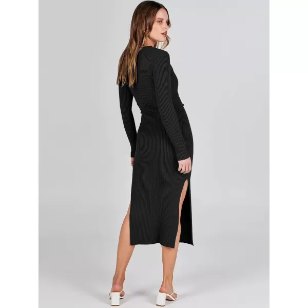 Caracilia Women's 2023 Long Sleeve Sweater Dress Elegant V Neck Slim Fit Side Slit Midi Fall Winter Dress with Belt