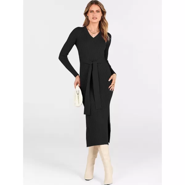 Caracilia Women's 2023 Long Sleeve Sweater Dress Elegant V Neck Slim Fit Side Slit Midi Fall Winter Dress with Belt