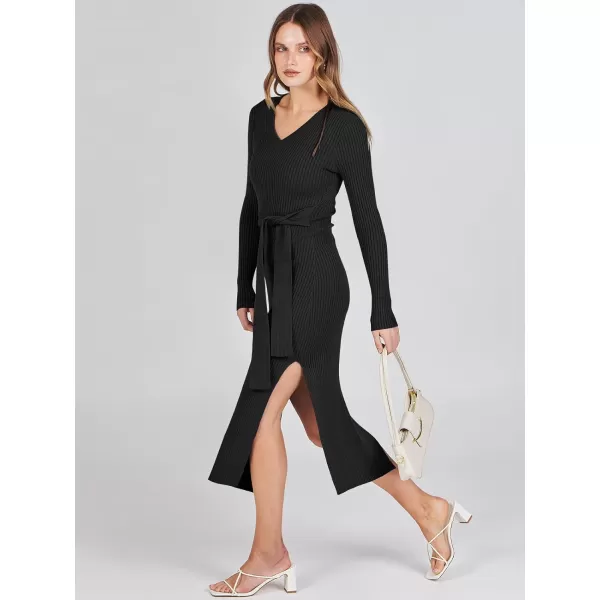 Caracilia Women's 2023 Long Sleeve Sweater Dress Elegant V Neck Slim Fit Side Slit Midi Fall Winter Dress with Belt