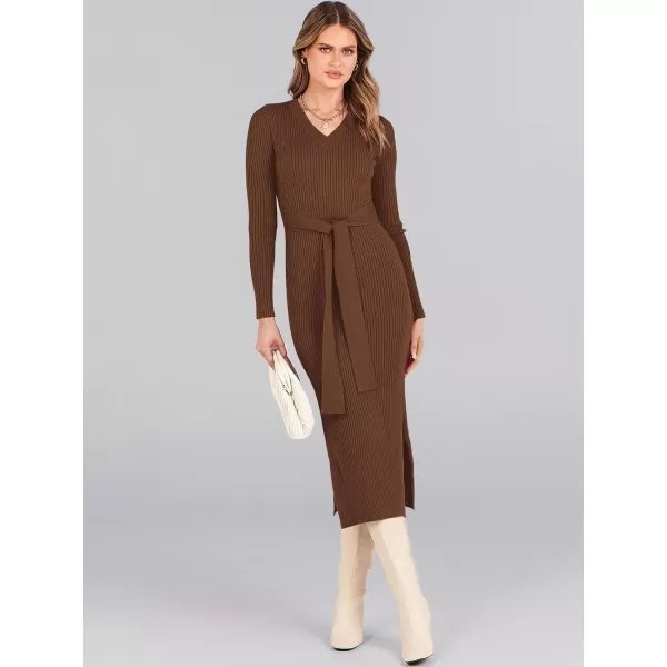 Caracilia Women's 2023 Long Sleeve Sweater Dress Elegant V Neck Slim Fit Side Slit Midi Fall Winter Dress with Belt