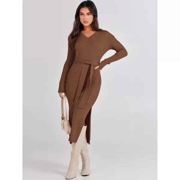 Caracilia Women's 2023 Long Sleeve Sweater Dress Elegant V Neck Slim Fit Side Slit Midi Fall Winter Dress with Belt