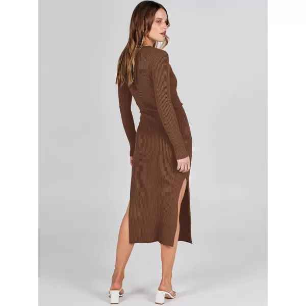 Caracilia Women's 2023 Long Sleeve Sweater Dress Elegant V Neck Slim Fit Side Slit Midi Fall Winter Dress with Belt