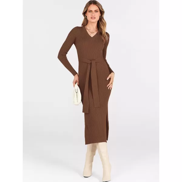 Caracilia Women's 2023 Long Sleeve Sweater Dress Elegant V Neck Slim Fit Side Slit Midi Fall Winter Dress with Belt