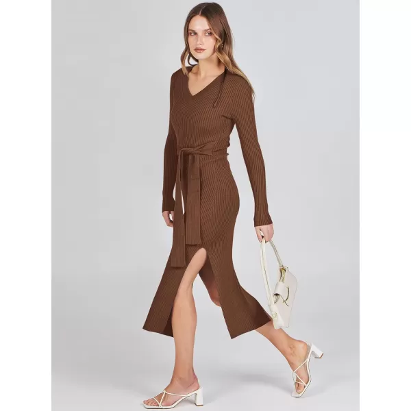 Caracilia Women's 2023 Long Sleeve Sweater Dress Elegant V Neck Slim Fit Side Slit Midi Fall Winter Dress with Belt