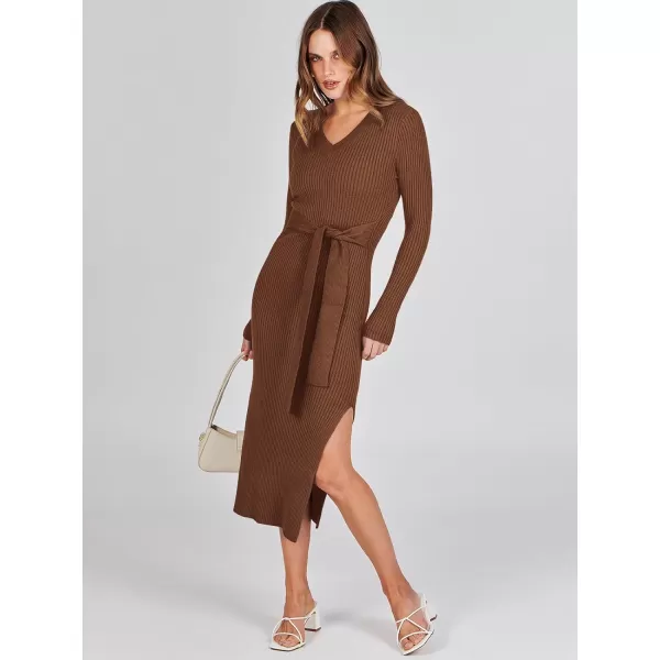 Caracilia Women's 2023 Long Sleeve Sweater Dress Elegant V Neck Slim Fit Side Slit Midi Fall Winter Dress with Belt