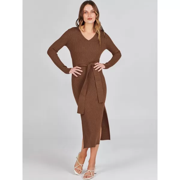 Caracilia Women's 2023 Long Sleeve Sweater Dress Elegant V Neck Slim Fit Side Slit Midi Fall Winter Dress with Belt