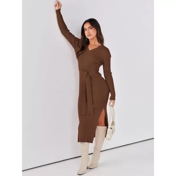 Caracilia Women's 2023 Long Sleeve Sweater Dress Elegant V Neck Slim Fit Side Slit Midi Fall Winter Dress with Belt