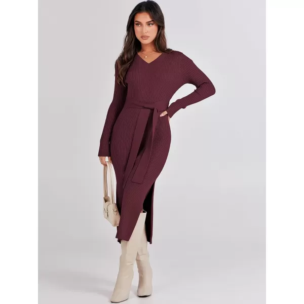 Caracilia Women's 2023 Long Sleeve Sweater Dress Elegant V Neck Slim Fit Side Slit Midi Fall Winter Dress with Belt