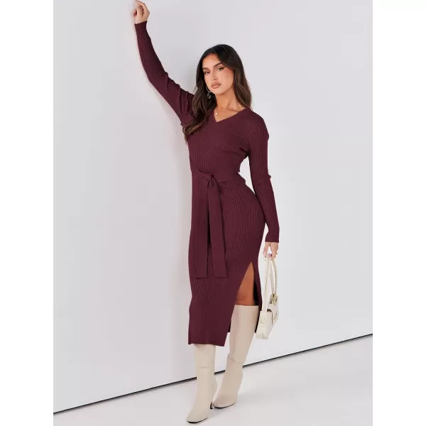 Caracilia Women's 2023 Long Sleeve Sweater Dress Elegant V Neck Slim Fit Side Slit Midi Fall Winter Dress with Belt
