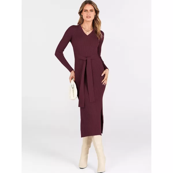 Caracilia Women's 2023 Long Sleeve Sweater Dress Elegant V Neck Slim Fit Side Slit Midi Fall Winter Dress with Belt