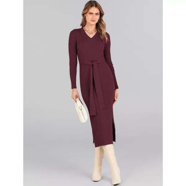 Caracilia Women's 2023 Long Sleeve Sweater Dress Elegant V Neck Slim Fit Side Slit Midi Fall Winter Dress with Belt