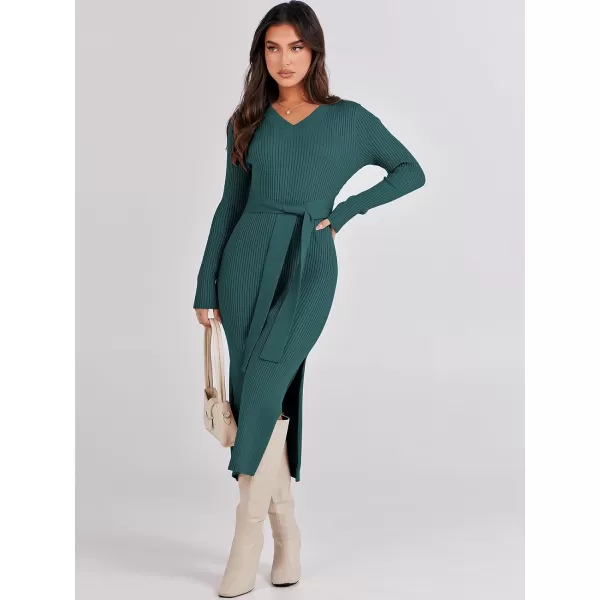 Caracilia Women's 2023 Long Sleeve Sweater Dress Elegant V Neck Slim Fit Side Slit Midi Fall Winter Dress with Belt