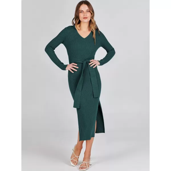 Caracilia Women's 2023 Long Sleeve Sweater Dress Elegant V Neck Slim Fit Side Slit Midi Fall Winter Dress with Belt