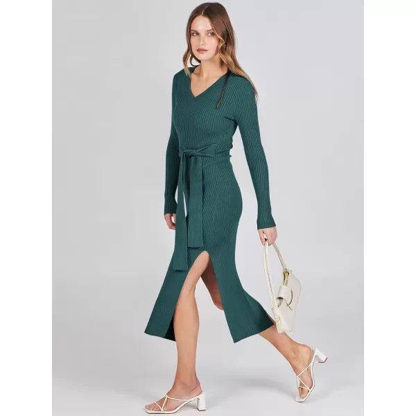Caracilia Women's 2023 Long Sleeve Sweater Dress Elegant V Neck Slim Fit Side Slit Midi Fall Winter Dress with Belt