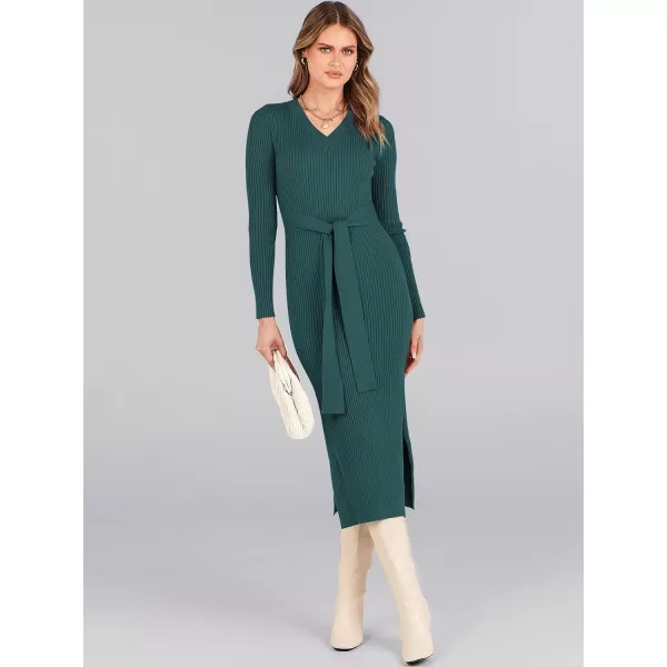 Caracilia Women's 2023 Long Sleeve Sweater Dress Elegant V Neck Slim Fit Side Slit Midi Fall Winter Dress with Belt