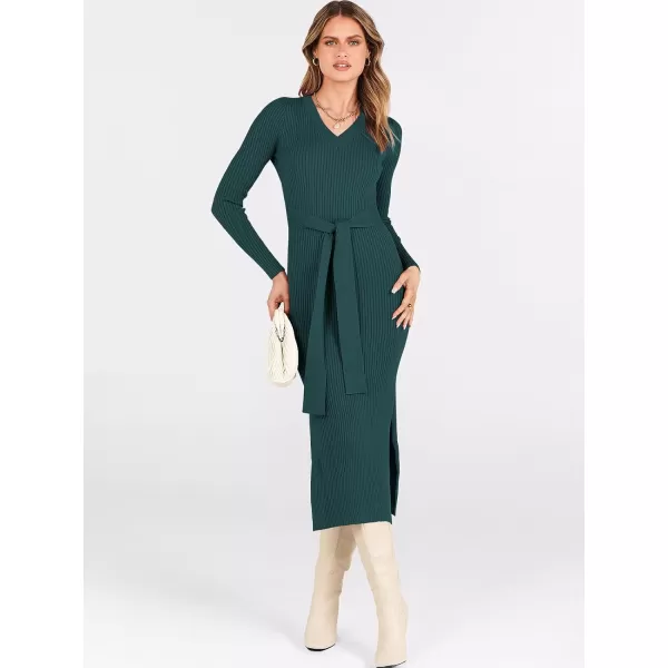 Caracilia Women's 2023 Long Sleeve Sweater Dress Elegant V Neck Slim Fit Side Slit Midi Fall Winter Dress with Belt