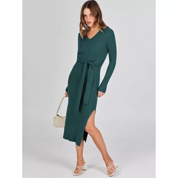 Caracilia Women's 2023 Long Sleeve Sweater Dress Elegant V Neck Slim Fit Side Slit Midi Fall Winter Dress with Belt