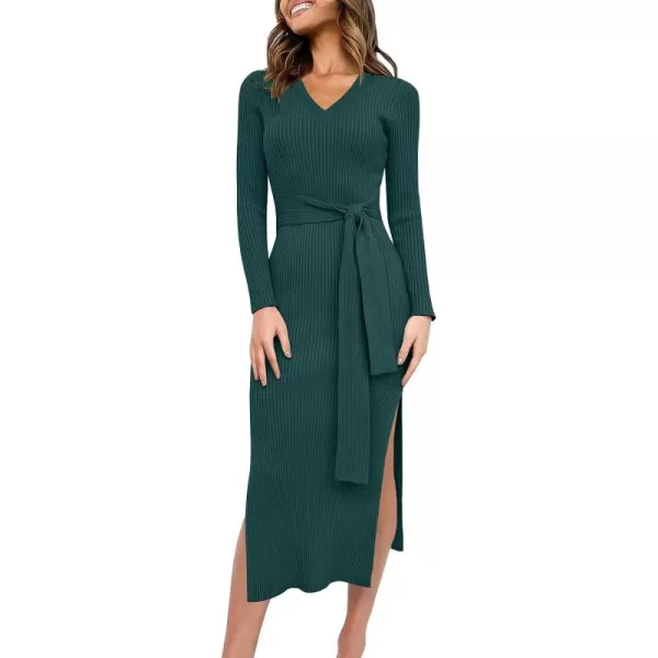 Caracilia Women's 2023 Long Sleeve Sweater Dress Elegant V Neck Slim Fit Side Slit Midi Fall Winter Dress with Belt