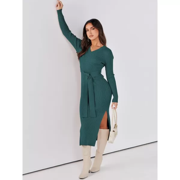 Caracilia Women's 2023 Long Sleeve Sweater Dress Elegant V Neck Slim Fit Side Slit Midi Fall Winter Dress with Belt