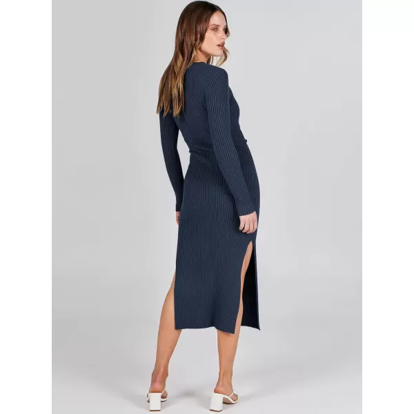 Caracilia Women's 2023 Long Sleeve Sweater Dress Elegant V Neck Slim Fit Side Slit Midi Fall Winter Dress with Belt
