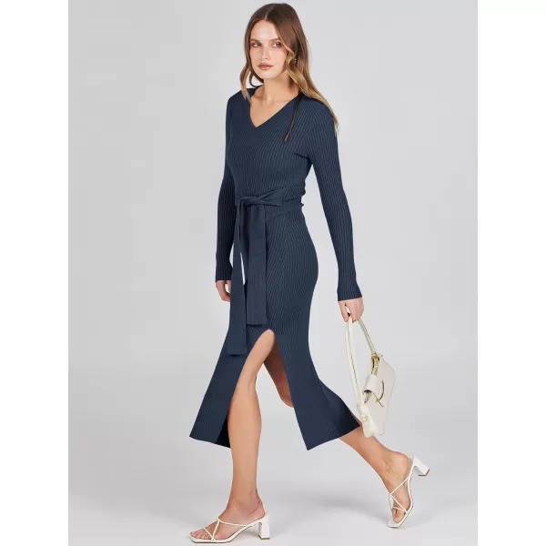 Caracilia Women's 2023 Long Sleeve Sweater Dress Elegant V Neck Slim Fit Side Slit Midi Fall Winter Dress with Belt