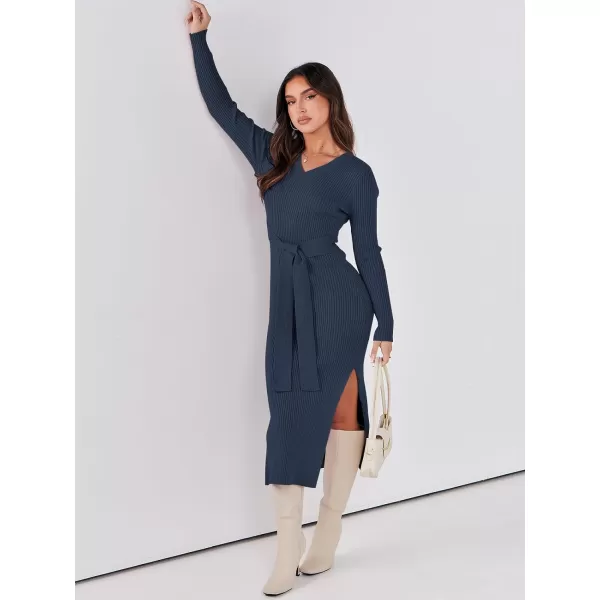 Caracilia Women's 2023 Long Sleeve Sweater Dress Elegant V Neck Slim Fit Side Slit Midi Fall Winter Dress with Belt