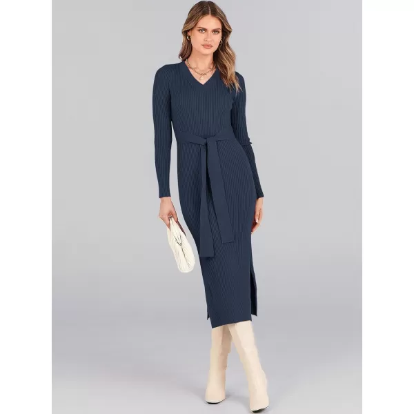 Caracilia Women's 2023 Long Sleeve Sweater Dress Elegant V Neck Slim Fit Side Slit Midi Fall Winter Dress with Belt