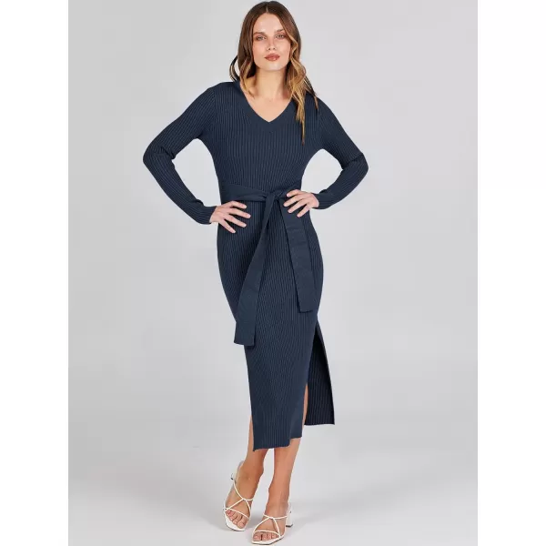 Caracilia Women's 2023 Long Sleeve Sweater Dress Elegant V Neck Slim Fit Side Slit Midi Fall Winter Dress with Belt