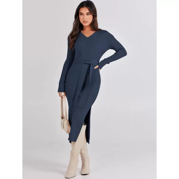 Caracilia Women's 2023 Long Sleeve Sweater Dress Elegant V Neck Slim Fit Side Slit Midi Fall Winter Dress with Belt