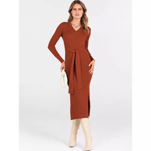 Caracilia Women's 2023 Long Sleeve Sweater Dress Elegant V Neck Slim Fit Side Slit Midi Fall Winter Dress with Belt